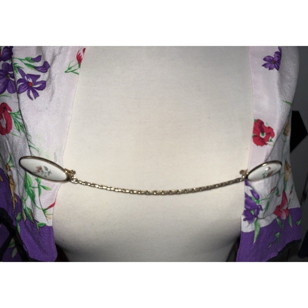 Vintage Hand Painted Porcelain Sweater Cardigan Clips Chain Gold Tone